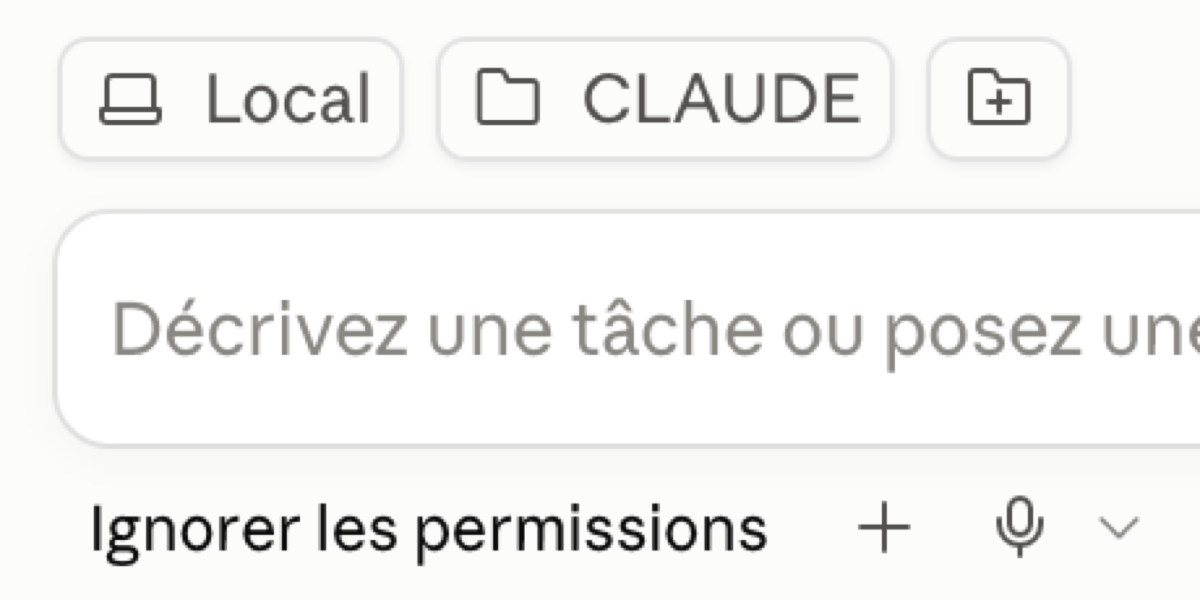 Sélection du dossier CLAUDE et mode ignorer les permissions