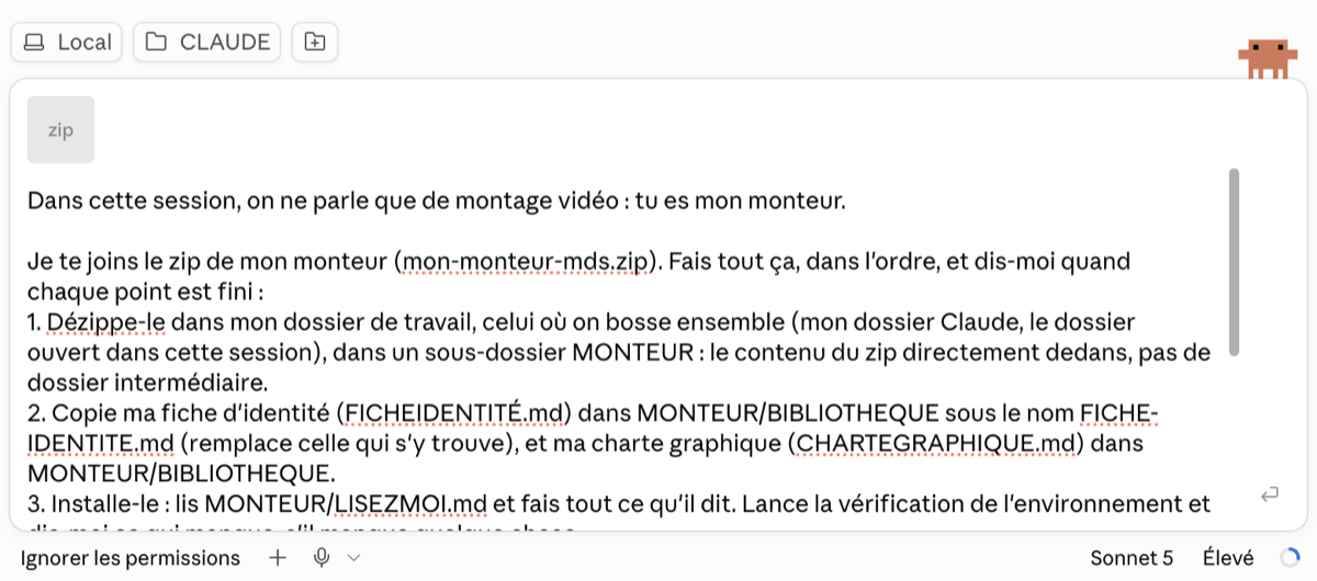Le zip joint au message dans Claude Code