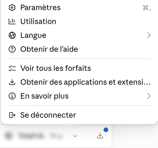 Menu du compte avec Paramètres et forfaits