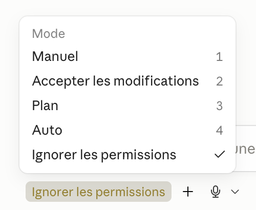 Menu Mode avec Ignorer les permissions sélectionné