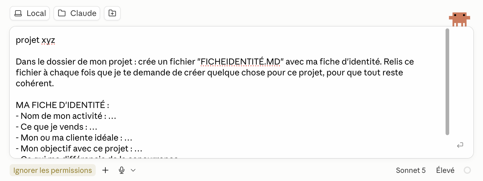 Message : projet xyz suivi du prompt