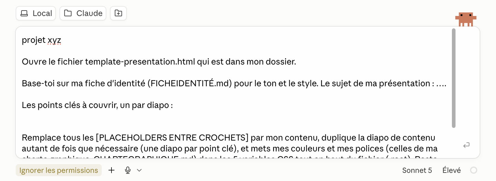 Message : projet xyz suivi du prompt