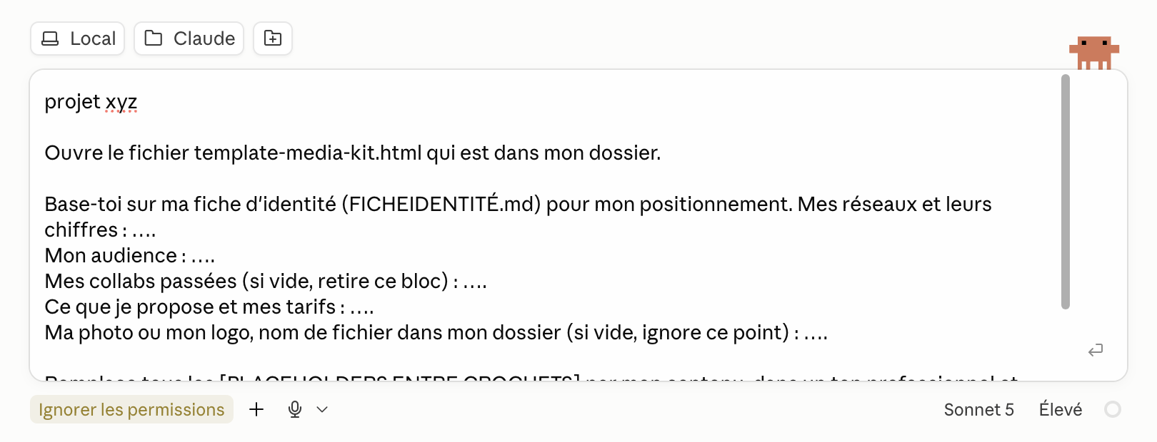 Message : projet xyz suivi du prompt