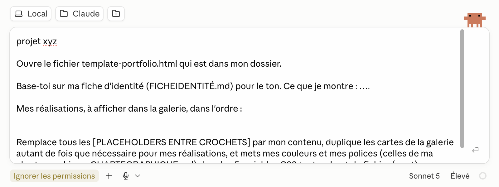 Message : projet xyz suivi du prompt